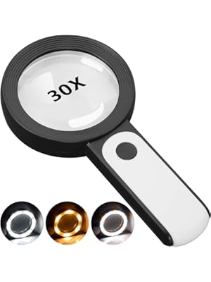 Photo 1 of JMH Magnifying Glass with Light, 30X Handheld Large 18LED Cold and Warm Light with 3 Modes, Illuminated Magnifier for Seniors Reading, Inspection, Coins, Jewelry, Exploring