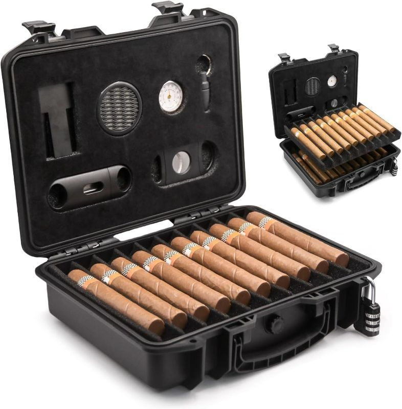 Photo 1 of Cigar Humidor Case | Lockable, Waterproof, Crushproof, Airtight | Holds 20 Cigars | Durable, Portable Travel Cigar Humidor Kit for Aficionados