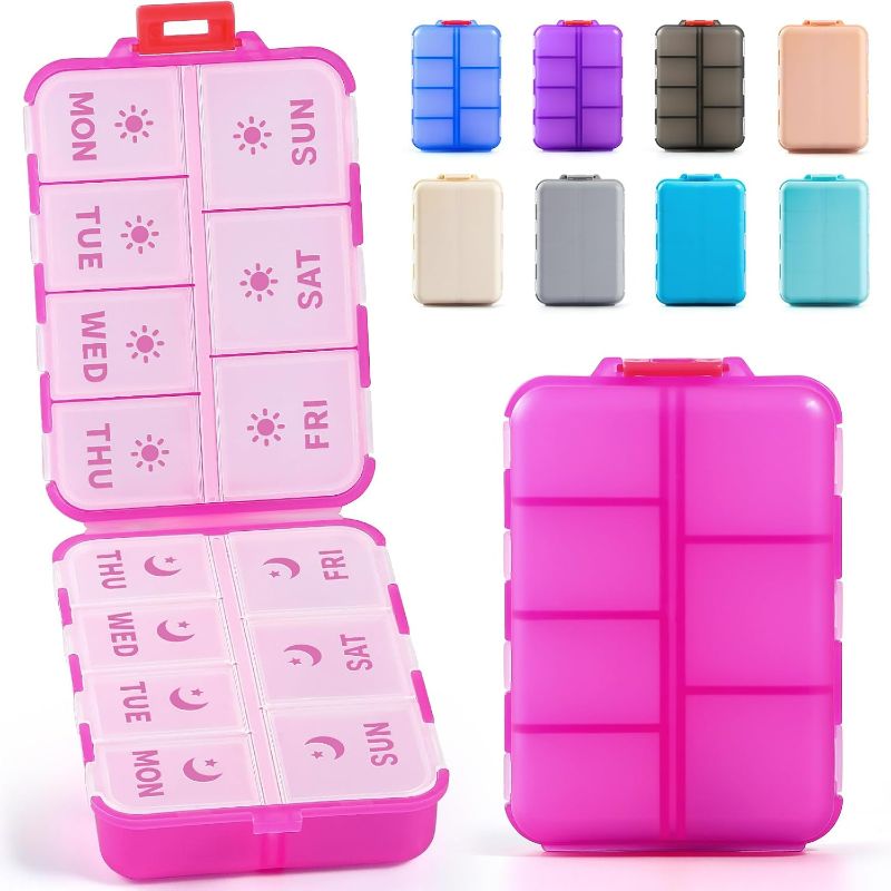 Photo 1 of New Foldable & Double Protection Portable Weekly Pill Organizer 2 Times A Day with Etched Labels, AM PM 7 Day Week Medicine Box, Daily Travel Pill Case Dispenser for Vitamin, Supplement - Clear Pink