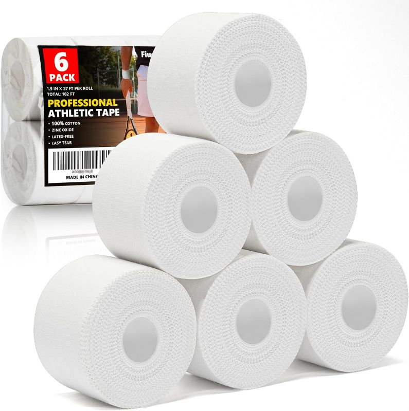 Photo 1 of Professional 6 Pack White Athletic Sports Tape - 1.5 Inch × 27 Feet Per Roll | Total 162 Feet, Very Strong Easy Tear No Sticky Residue Wrist Ankle Tape for Football Climbing Soccer Gymnastics Injuries