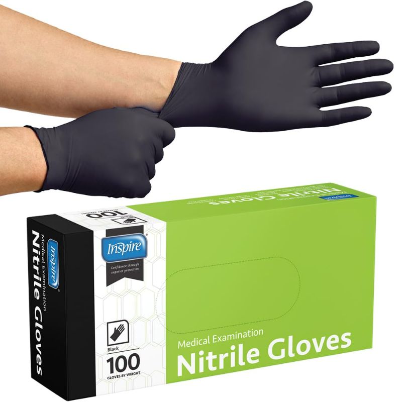 Photo 1 of Inspire Black Nitrile Disposable Gloves | 4.5 Nitrile Medical Exam Cooking Cleaning Disposable Black Gloves (Box Of 100, Medium)