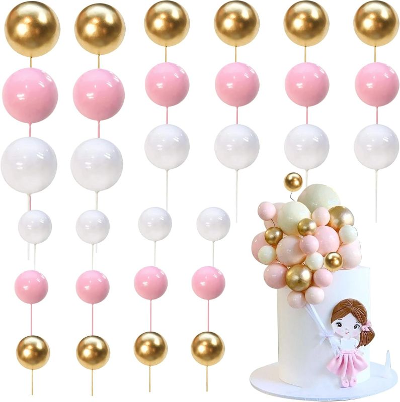 Photo 1 of 24 PCS Colorful Balls Cake Topper Mini Balloon Cupcake Toppers DIY Foam Ball Cake Insert Decoration for Wedding Anniversary Baby Shower Birthday Party Decorations Supplies Pink Gold White