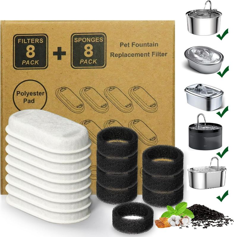 Photo 1 of Cat Water Fountain Filter,16 Pack Cat Fountain Replacement Filters for Stainless Steel 67oz/2L Adjustable Water Flow Pet Water Fountain,Dog Water Fountain (8+8 Pack)