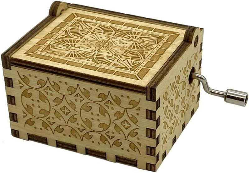 Photo 1 of Music Box Wood Hand Crank, Wooden Antique Engraved Carved Crafts Mini Musical Boxes Gifts for Wedding, Valentines, Christmas, Birthday(Brown)