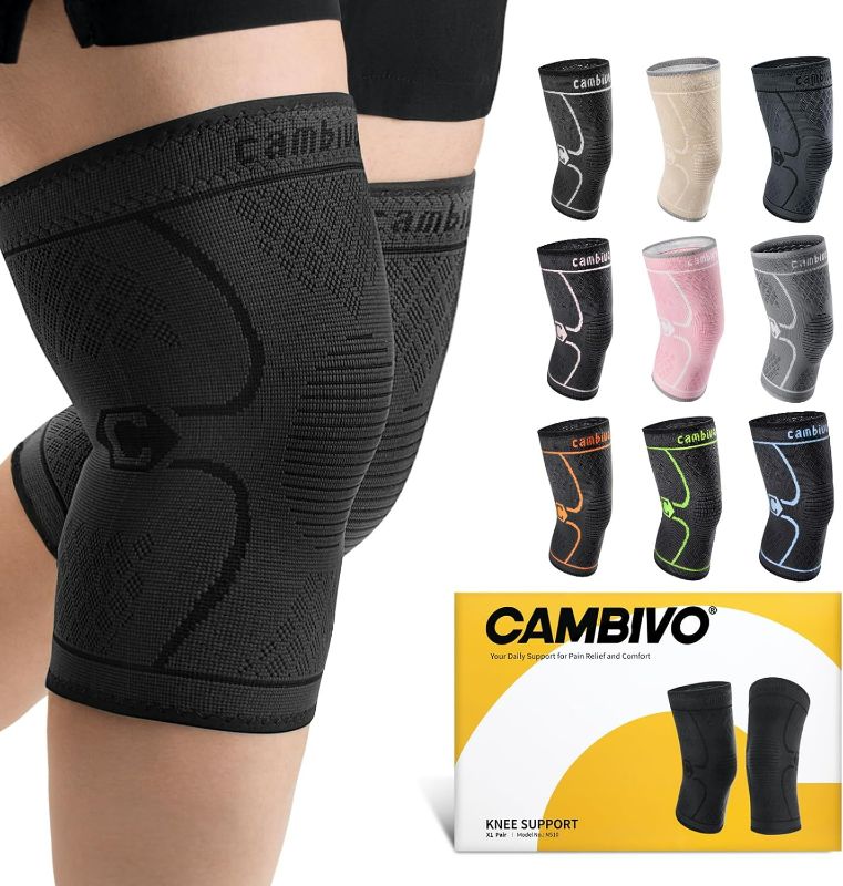 Photo 1 of CAMBIVO Knee Brace Support(2 Pack), Knee Compression Sleeve for Running, Hiking, Basketball, Arthritis, ACL, Meniscus Tear, Knee Pain Relief and Injury Recovery (Upgrade-Black,-Large)