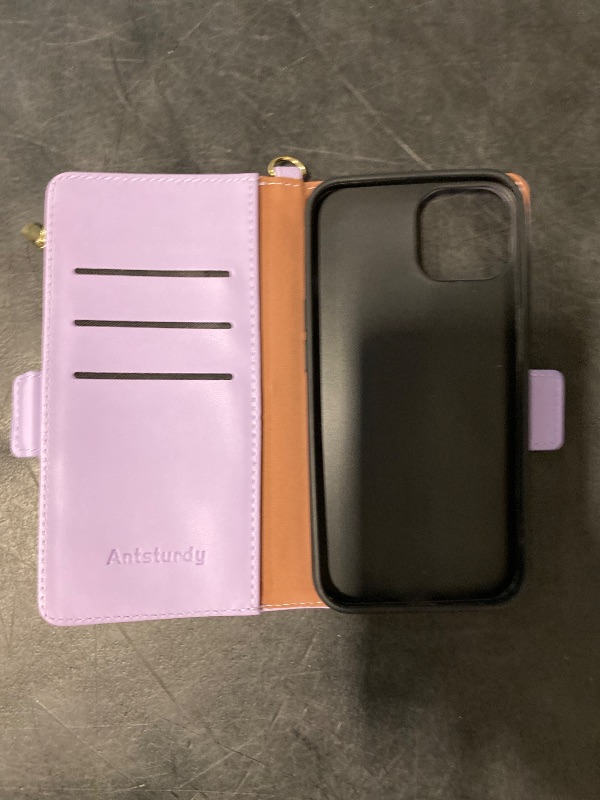 Photo 1 of Antsturdy Compatible with iPhone 13 Wallet Case?RFID Blocking?PU Leather Phone Case Women Men Flip Shockproof Protective Cover Wrist Strap Zipper Credit Card Holder Slots for Apple 13 6.1,Light Purple