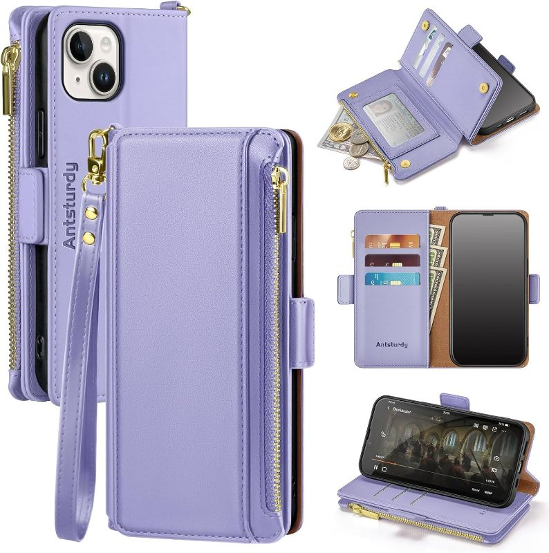 Photo 1 of Antsturdy Compatible with iPhone 13 Wallet Case?RFID Blocking?PU Leather Phone Case Women Men Flip Shockproof Protective Cover Wrist Strap Zipper Credit Card Holder Slots for Apple 13 6.1,Light Purple