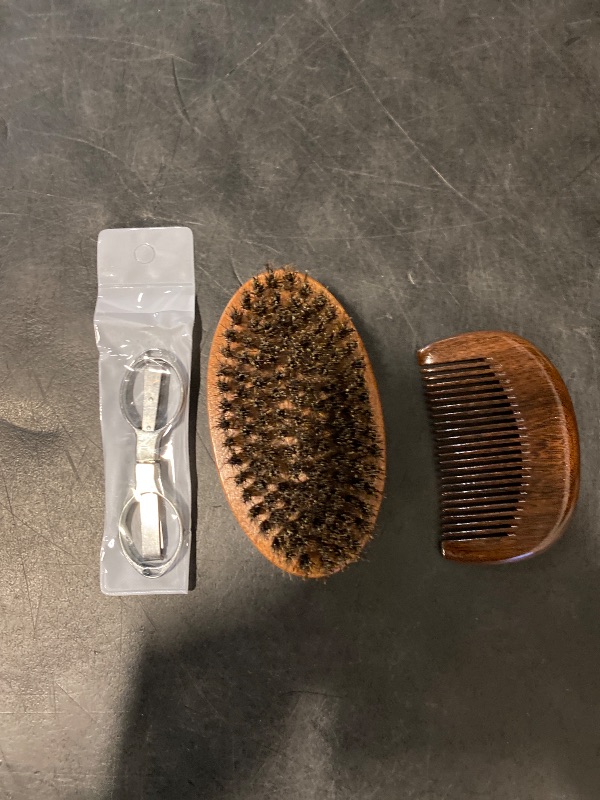 Photo 1 of Beard Brush, Natural Boar Bristles Beard Brush for Men and Wooden Sandalwood Pocket Beard Comb Set, Facial Hair Grooming Kit with Mustache Scissors as a Styling Tool, Growth, Detangles, Shine