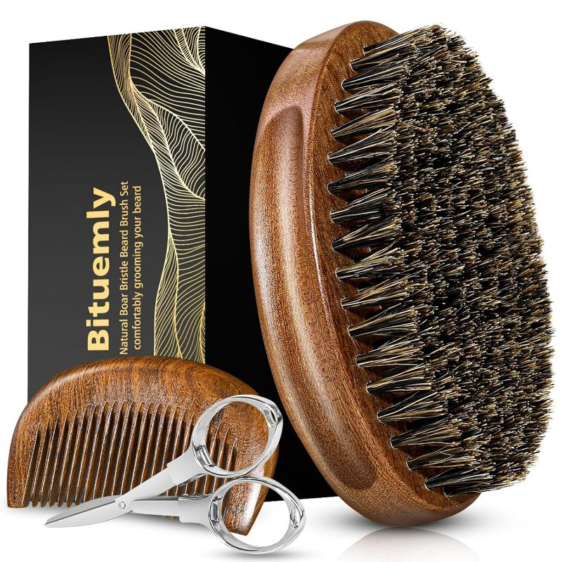 Photo 1 of Beard Brush, Natural Boar Bristles Beard Brush for Men and Wooden Sandalwood Pocket Beard Comb Set, Facial Hair Grooming Kit with Mustache Scissors as a Styling Tool, Growth, Detangles, Shine