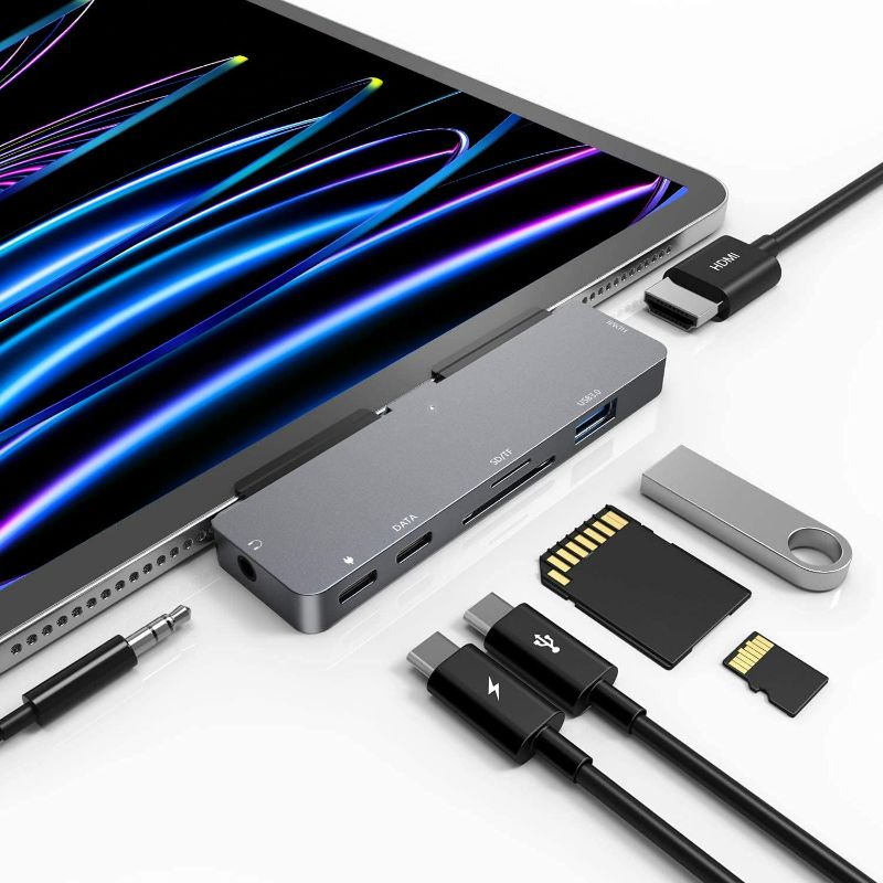 Photo 1 of iPad Pro USB C Hub, 7-in-1 Adapter for iPad Pro M4 M2 M1 13 12.9 11 inch iPad Air 5 4 Docking Station with 4K HDMI, USB-C PD, SD/TF Card Reader, USB 3.0, 3.5mm Headphone Jack, iPad mini 6 Accessories