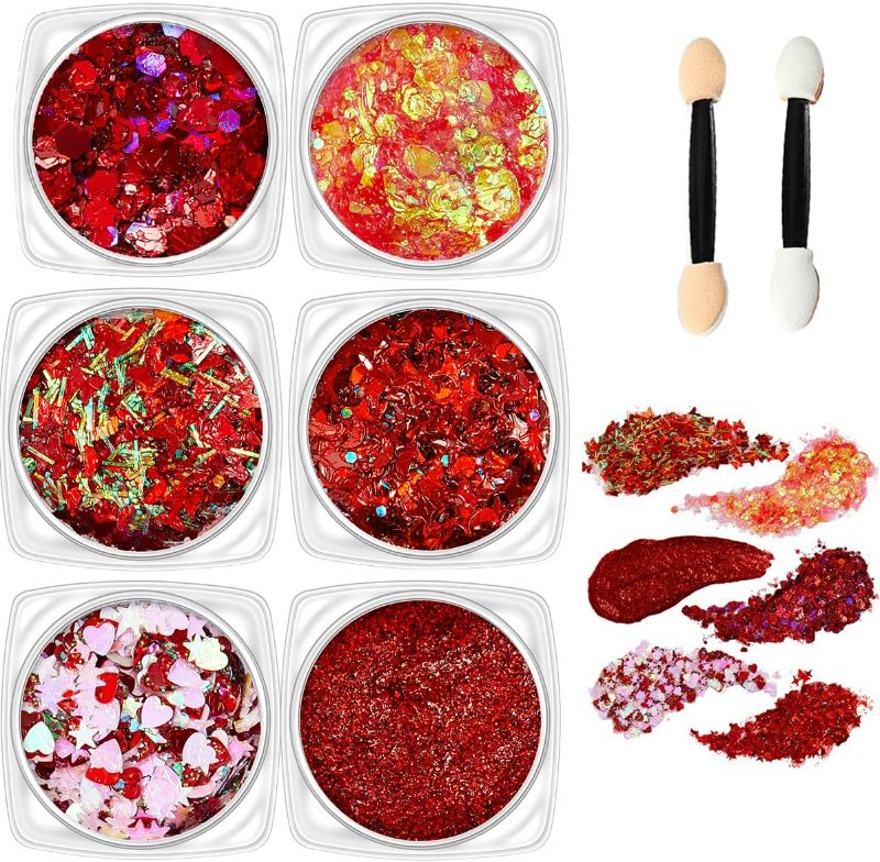 Photo 1 of Red Body Glitter Face Glitter Red Hair Glitter Gel Halloween Face Paint Rave Makeup Glitter Festival Face Gems 6 Shapes Fine Chunky Glitter Gel for Women Girls
