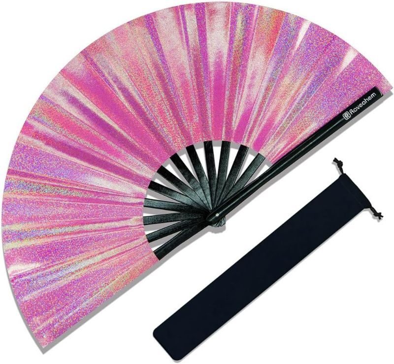 Photo 1 of Large Rave Fan, Clack Folding Hand Fan with Premium Fabric, Thick Bamboo Frame for Men Women Gift for EDM, Festival, Club, Party, Dance, Decoration (Lridescent Pink, 13")