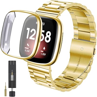Photo 1 of ZPJPPLX for Fitbit Versa 4/Sense 2 Solid Stainless Steel Wrist Band with Watch Case,for Versa 3/Sense Metal Replacement Straps and Screen Protection Case for Women Men