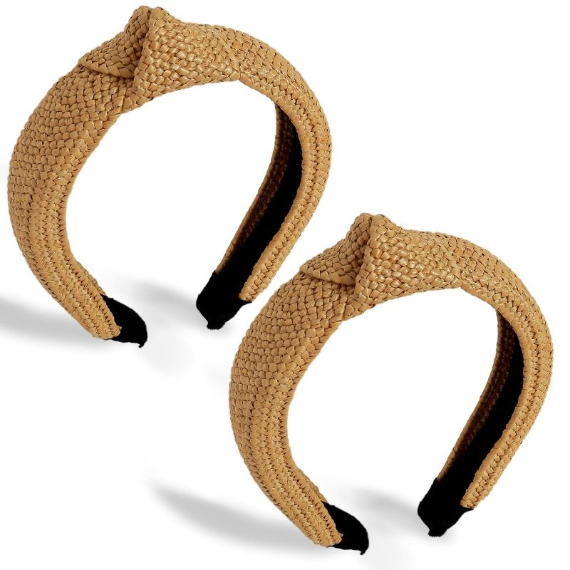 Photo 1 of 2 Pack Light Brown Straw Raffia Headbands For Women Wide Head Band With A Knot Cute Beach Summer Accessories Boho Headbands Fashion Headband Jewelry Gift