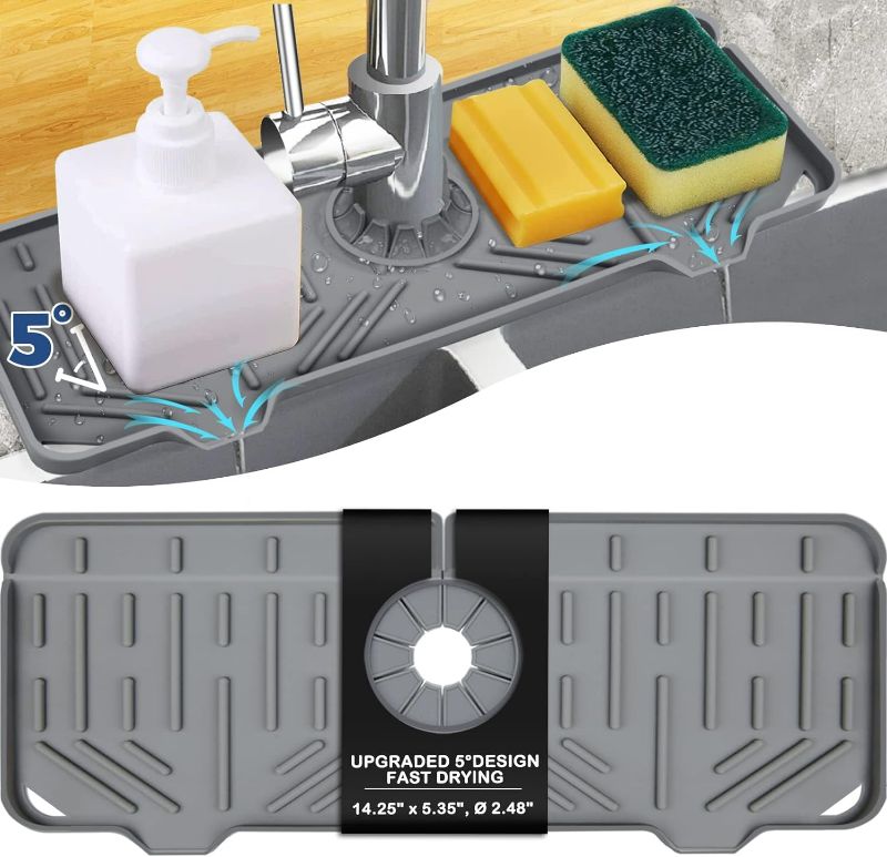 Photo 1 of BFONS Silicone Faucet Handle Drip Catcher Drying Tray Mat Dish Soap Sponge Holder Accessories Gadgets for Kitchen Counter Bathroom Kitchen Sink Splash Guard -Grey
