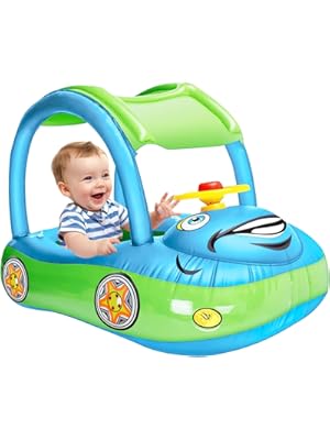 Photo 1 of iGeeKid Inflatable Baby Pool Float with Canopy, Safty Seat for Infant Baby Swim Float Rings Car Shaped Swimming Pool Floaties for Babies Toddler Age of 6-36 Months (Light Blue)