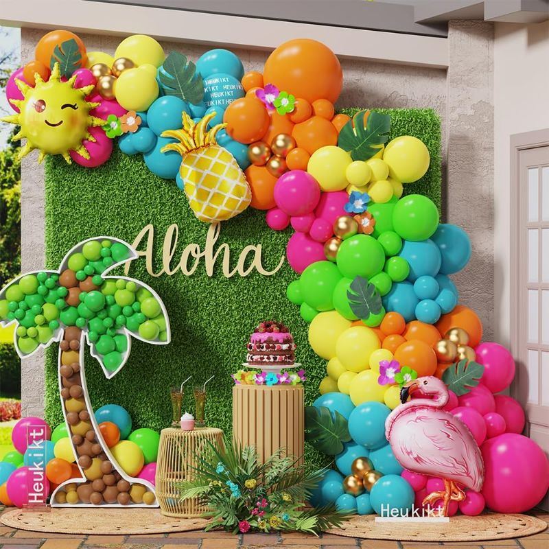 Photo 1 of Tropical Hawaiian Party Decorations 155Pcs Luau Balloon Garland Arch Kit, Hot Pink Orange Yellow Pineapple Flamingo Balloons for Tropical Summer Beach Pool Birthday Coconut Party Supplies