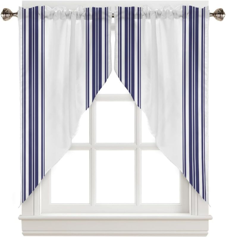 Photo 1 of Swag Curtains Navy Blue White Stripes Rod Pocket Kitchen Valance Curtain Panels for Small Window 36 inch Length, 2 Panels Living Room Curtain