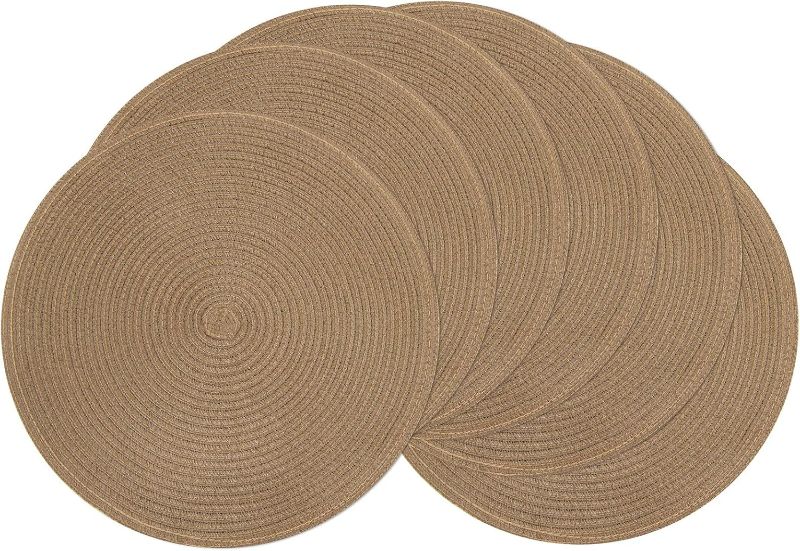 Photo 1 of SHACOS Round Braided Placemats Set of 5 Washable Cotton Polyester 15 inch Round Table Place Mat for Dining Table (Brown, 5)


