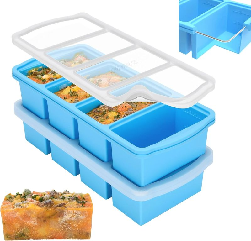 Photo 1 of Silicone Freezer Trays with Lid,1-cup Soup Freezer Container large Ice Cube Molds with Reinforced Steel Ring Top for freezing Soup Sauce Broth Leftovers oven Dishwasher -Safe(2-Pack)