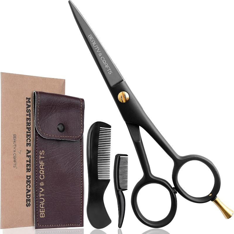 Photo 1 of Beauty & Crafts- 5'' German Beard Mustache Scissors - 2 Mustache Comb for Facial Hair with Beautiful Pouch - Beard Trimming Scissors Use for Grooming, Cutting, and Styling of Mustache (Black)