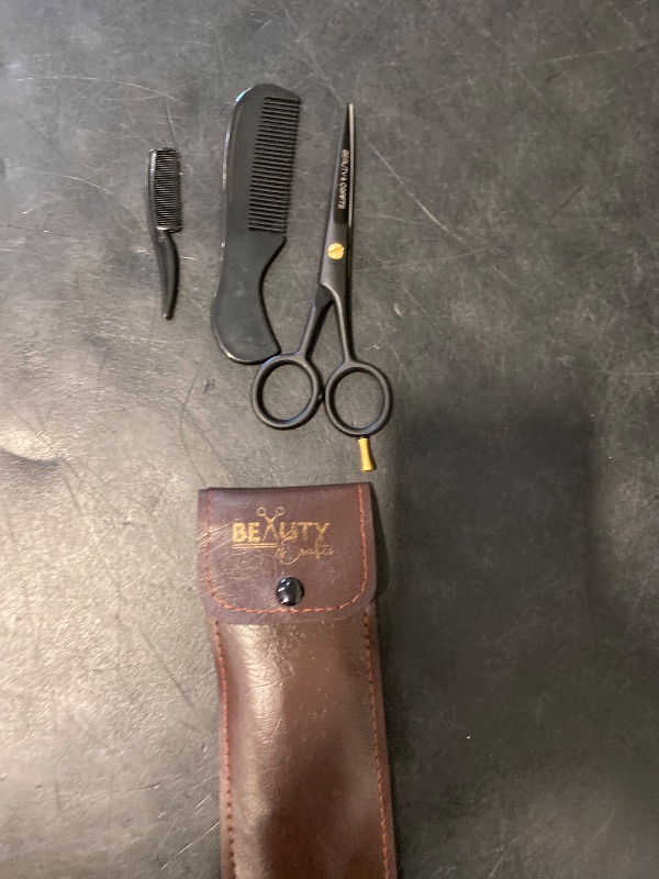 Photo 1 of Beauty & Crafts- 5'' German Beard Mustache Scissors - 2 Mustache Comb for Facial Hair with Beautiful Pouch - Beard Trimming Scissors Use for Grooming, Cutting, and Styling of Mustache (Black)