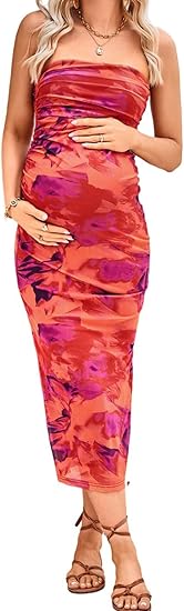 Photo 1 of Size S Milumia Women's Maternity Floral Mesh Split Strapless Tube Dress Bodycon Maxi Dresses