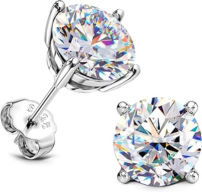Photo 1 of Moissanite Stud Earrings : 18K White Gold Plated Solid 925 Sterling Silver Earring Hypoallergenic Dainty Flat Back Stud Earrings Jewelry for Women Men D Color VVS1 Clarity