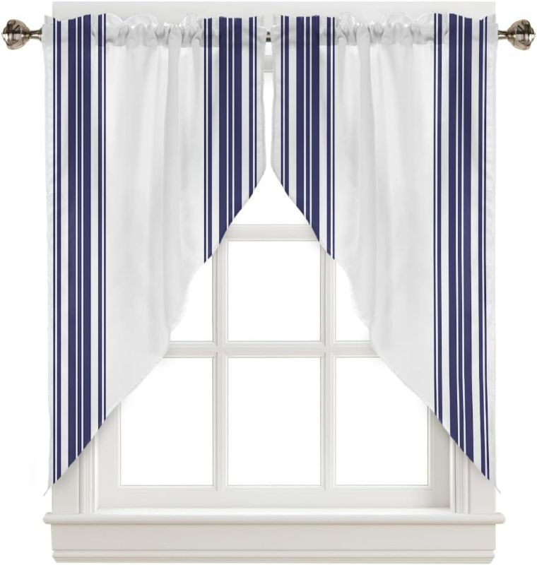 Photo 1 of Swag Curtains Navy Blue White Stripes Rod Pocket Kitchen Valance Curtain Panels for Small Window 36 inch Length, 2 Panels Living Room Curtain