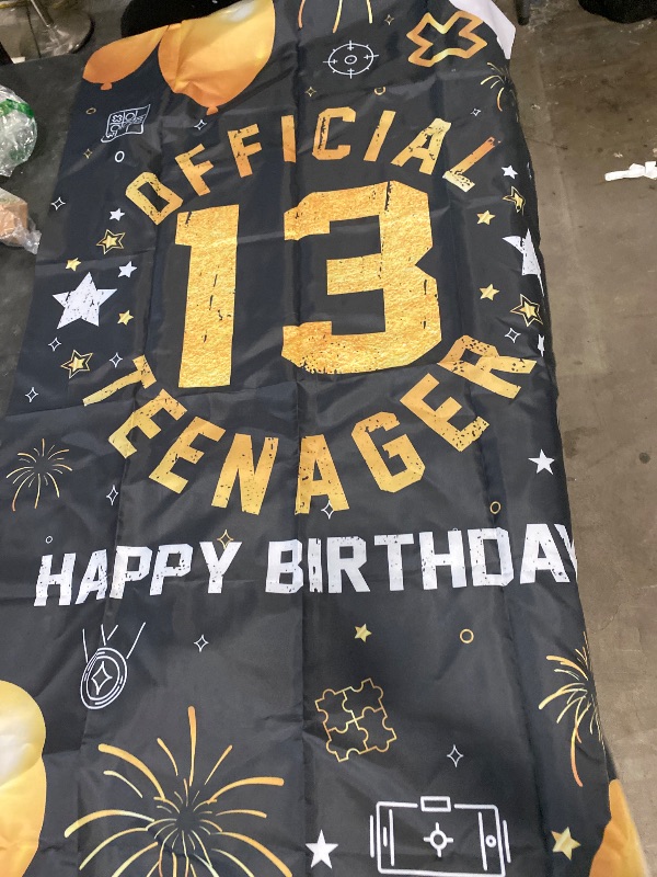 Photo 1 of 13th Birthday Backdrop Banner for Boys Girls, Fabric Yard Sign, Photo Props Door Decorations, 13 Years Old Teenager Party Decor Indoor Outdoor, Black Gold Silver Theme