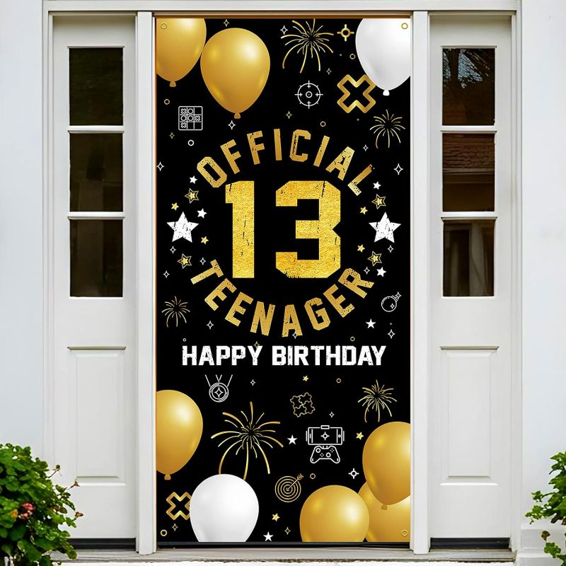 Photo 1 of 13th Birthday Backdrop Banner for Boys Girls, Fabric Yard Sign, Photo Props Door Decorations, 13 Years Old Teenager Party Decor Indoor Outdoor, Black Gold Silver Theme