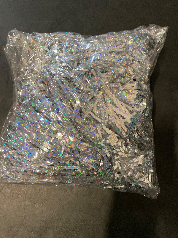 Photo 1 of Amsthow Silver Confetti Gift Box Filler 1/2 LB Basket Grass Wrap Shredded Cut Raffia Box Stuffing for Easter Birthday Wedding Wrapping