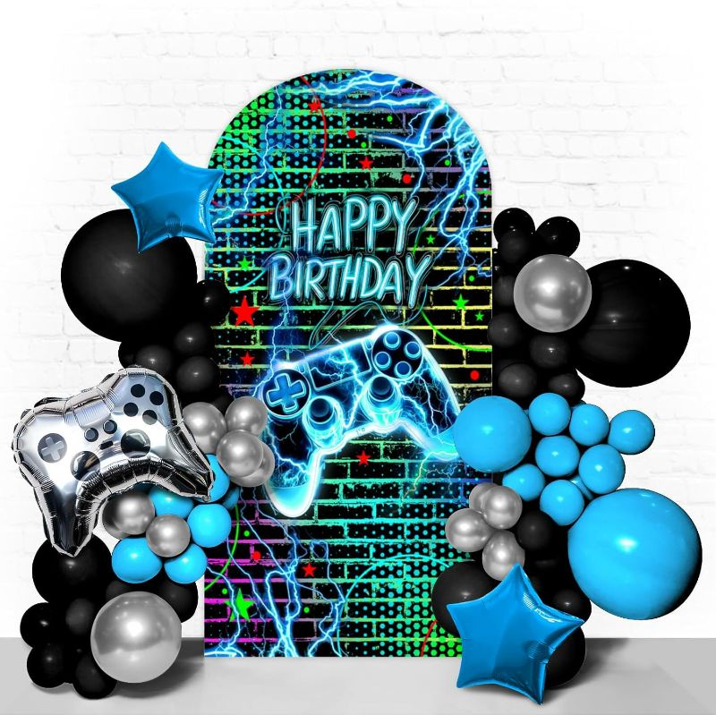 Photo 1 of Game Birthday Arch Backdrop Cover 7.2 ft Fabric Round Top Double-Sided Spandex Video Game Arch Cover Stretchy Backdrop for Birthday Party Decorations Reusable Arch Stand Covers