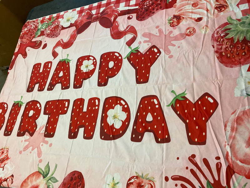 Photo 1 of Mocsicka 7x5ft Strawberry Birthday Backdrop Girls Happy Strawberry Birthday Banner Berry First Dessert Cake Table Decorations Party Background Photo Booth Props
