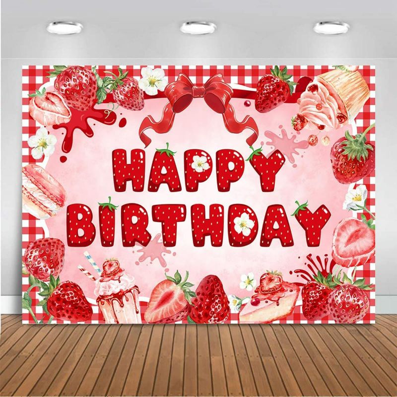 Photo 1 of Mocsicka 7x5ft Strawberry Birthday Backdrop Girls Happy Strawberry Birthday Banner Berry First Dessert Cake Table Decorations Party Background Photo Booth Props
