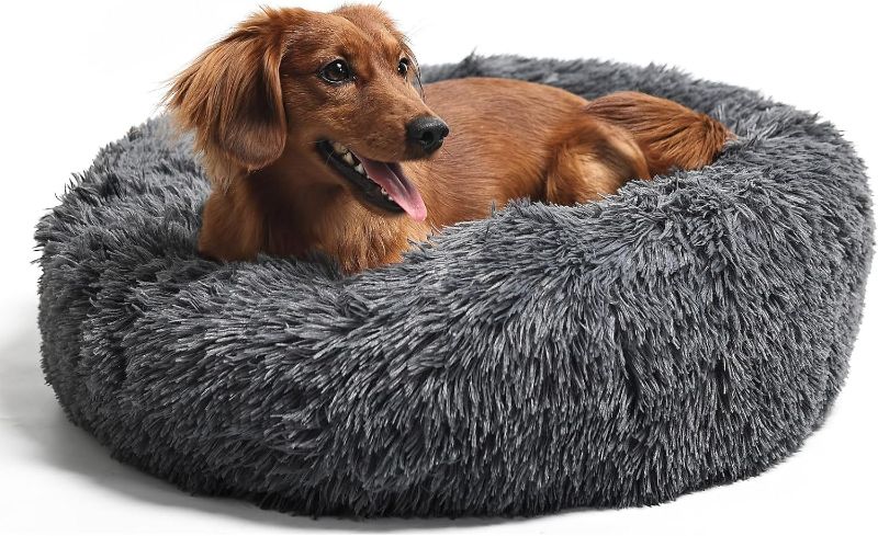 Photo 1 of Round Calming Dog Beds for Medium Dogs 30 Inches Anti-Slip Donut Washable Plush Faux Fur Pet Bed fits up to 45 lbs Pets,Dark Gray