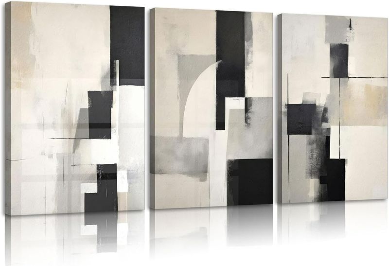 Photo 1 of 3Pcs Framed Neutral Abstract Canvas Wall Art Floral Pictures Modern Minimalist Posters Prints Beige Black Flower Wall Decoration for Living Room Bedroom Bathroom Office 12x16in