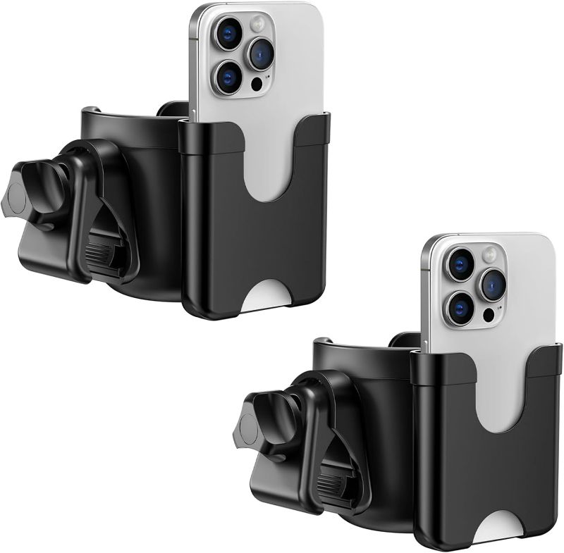 Photo 1 of Guiseapue 2 Packs Cup Holder for Walker: Stroller Cup Holder Attachment with Phone Holder, Wheelchair/Stroller Accessories for Uppababy, Nuna, Doona, Bike, Scooter, Baby Travel Essential