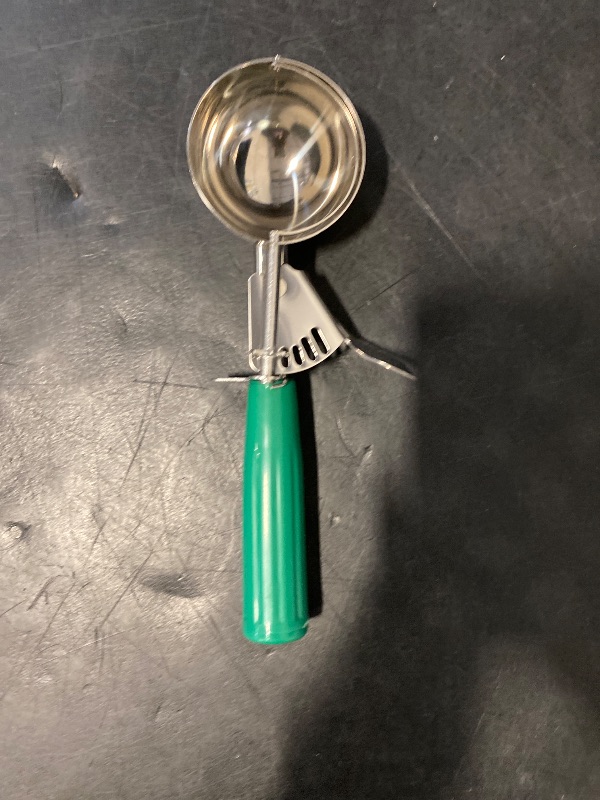 Photo 1 of New Star Foodservice 34806 Commercial-Grade Thumb Press Food Disher/Ice Cream Scoop, 18/8 Stainless Steel, 3.25 oz, Size 12, Green