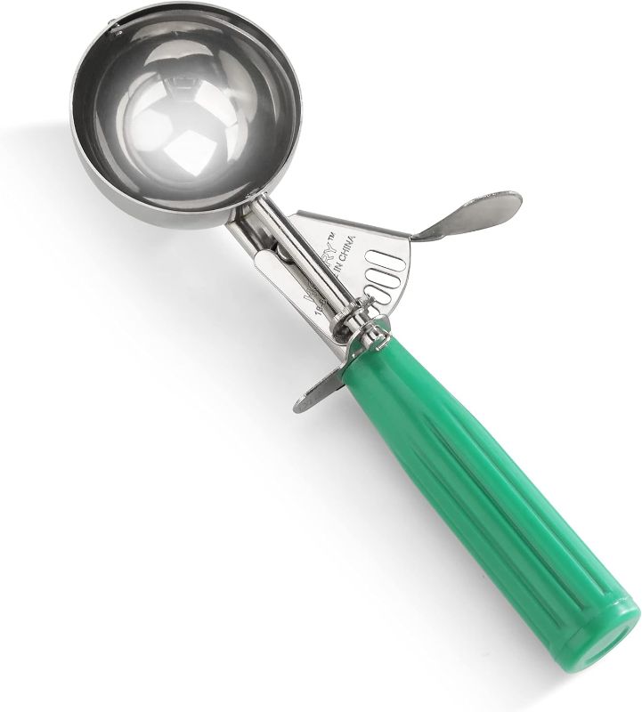 Photo 1 of New Star Foodservice 34806 Commercial-Grade Thumb Press Food Disher/Ice Cream Scoop, 18/8 Stainless Steel, 3.25 oz, Size 12, Green
