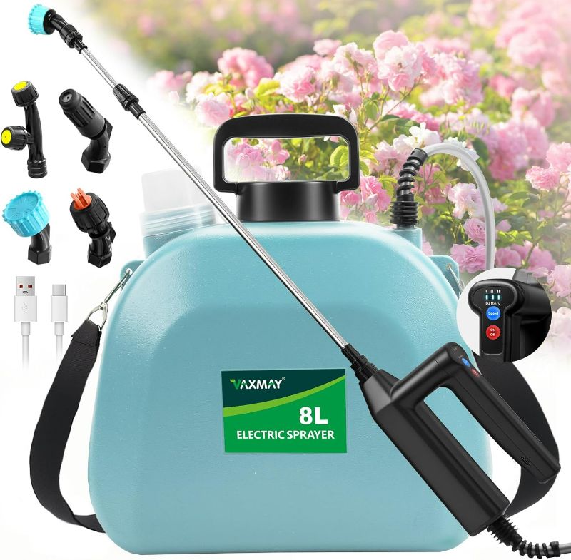 Photo 1 of Battery Powered Sprayer 2 Gallon, 2025 Upgrade Electric Sprayer with 3 Adjustable Speed, Battery Indicator, 4 Mist Nozzles, Rechargeable Retractable Wand with Adjustable Shoulder Strap for Lawn Garden