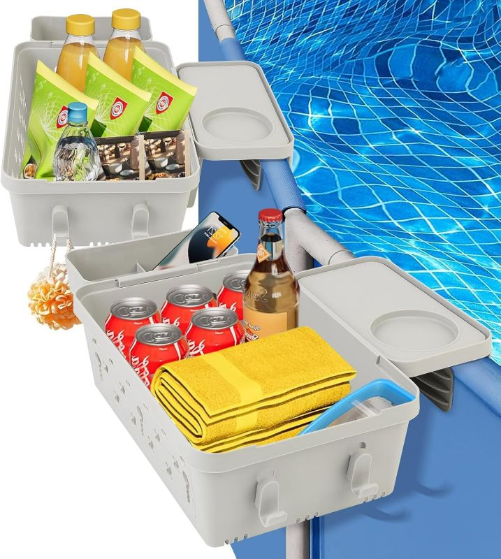 Photo 1 of Upgrade Poolside Storage Basket, Swimming Pool Storage Basket with Pool Cup Holder Above Ground Pool Accessories , Adjustable Width Pool Side Storage Bin to Organize Cup Towel, Fits 3" Rails (2pack)