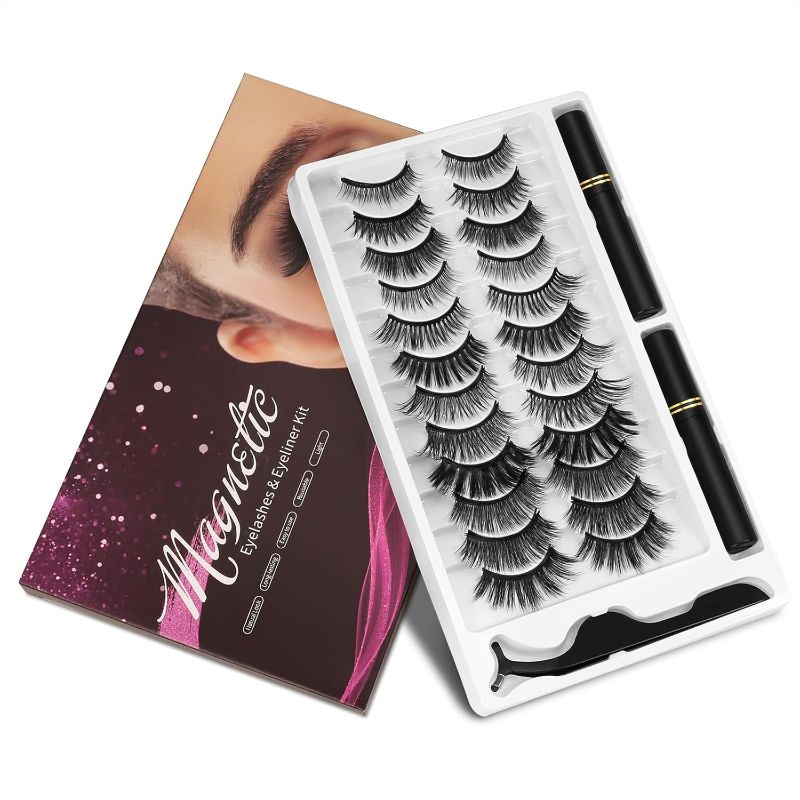 Photo 1 of Magnetic Eyelashes and Eyeliner Kit, 12 Pairs Reusable Magnetic Lashes with Eyeliner and Tweezers, 3D Natural Look False Eyelashes, Easy to Wear, No Glue Needed (12pcs)