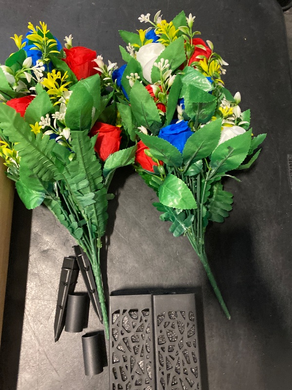 Photo 1 of DONODA 2 Sets Artificial Cemetery Flowers Outdoor Grave Decorations Roses Accompanied by 2 Long Nail Vases Lasting and Non-Bleed Colors (18 Heads (red, Blue, White))