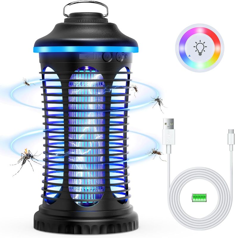 Photo 1 of Rechargeable Bug Zapper Outdoor & Indoor, Mosquito Zapper, Fruit Fly Trap, Gnat Moths Catcher, 4200V Grid, USB Charging, 4000mAh Battery, Fit for Home, Kitchen, Backyard, Camping, Patio, Black