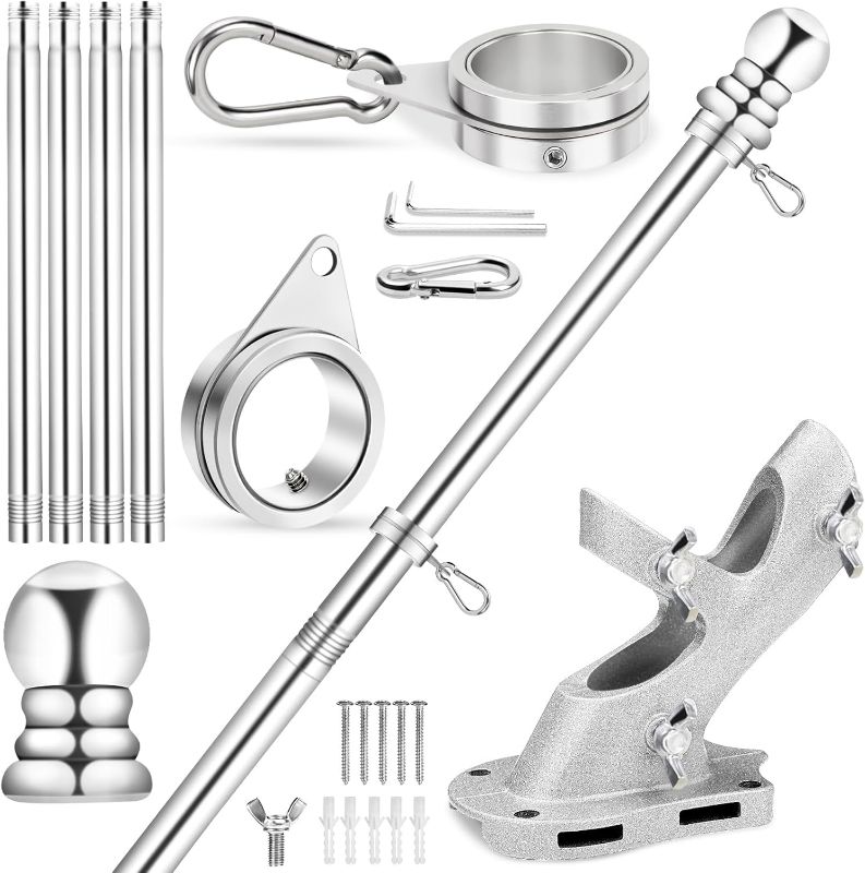 Photo 1 of House Flag Pole, 5 FT Metal Spinning Flag Poles Kit, 1" Tangle Free Stainless Steel Flagpole with 360° Flagpole Rings & 2-Position Bracket for Outside House Porch Wall Mount for 3x5 Flag
