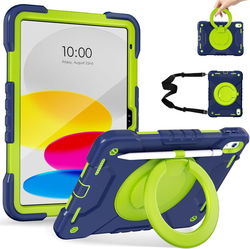 Photo 1 of Case for iPad 11th/10th Gen (A16) 11/10.9 inch 2025/2022 | Heavy Duty Shockproof Cover | 360° Rotating Handle | Bracket | Pen Holder | Shoulder Strap | Navy+Green