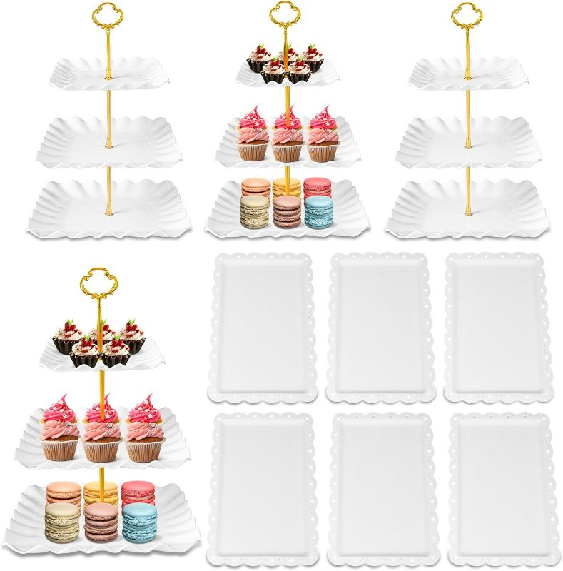 Photo 1 of DIDROOM 10 Pack Dessert Table Display Set - 3 x Three-Tier Square Cupcake Stands and 4 x Serving Trays, Elegant Tableware for Cakes, Cupcakes, Pastries, and Snacks, Perfect for Parties (White)