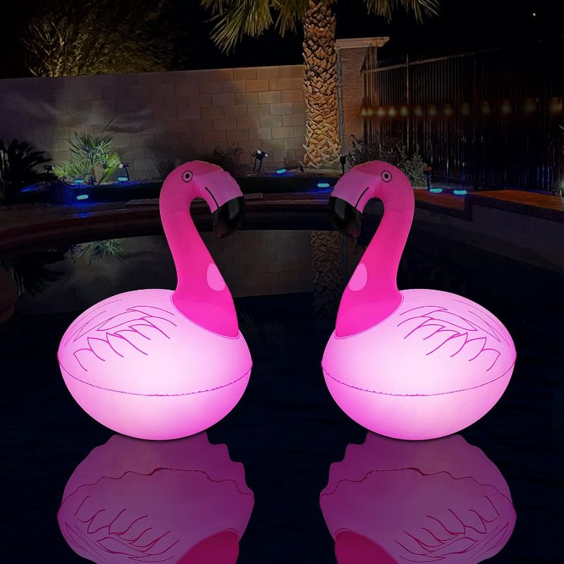 Photo 1 of Floating Pool Lights Pack of 2, Solar Flamingo Pool Lights Waterproof, Glow in The Dark Solar Floating Pool Lights, Inflatable Floating Lights for Pool Wedding Party Decorations