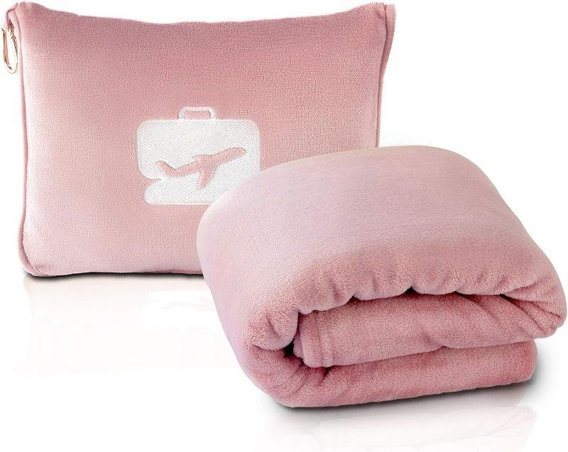 Photo 1 of EverSnug Travel Blanket and Pillow - Ultra-Soft, Compact & Lightweight, 65x40 Inches, with Carry Case, Luggage Sleeve & Backpack Clip for Airplane Comfort (Light Pink)